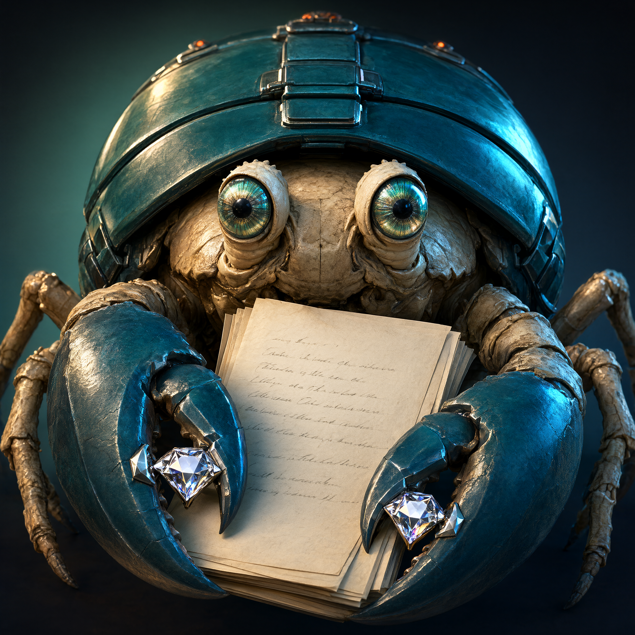 Diamond-clawed Conviction Crab holding a paper thesis